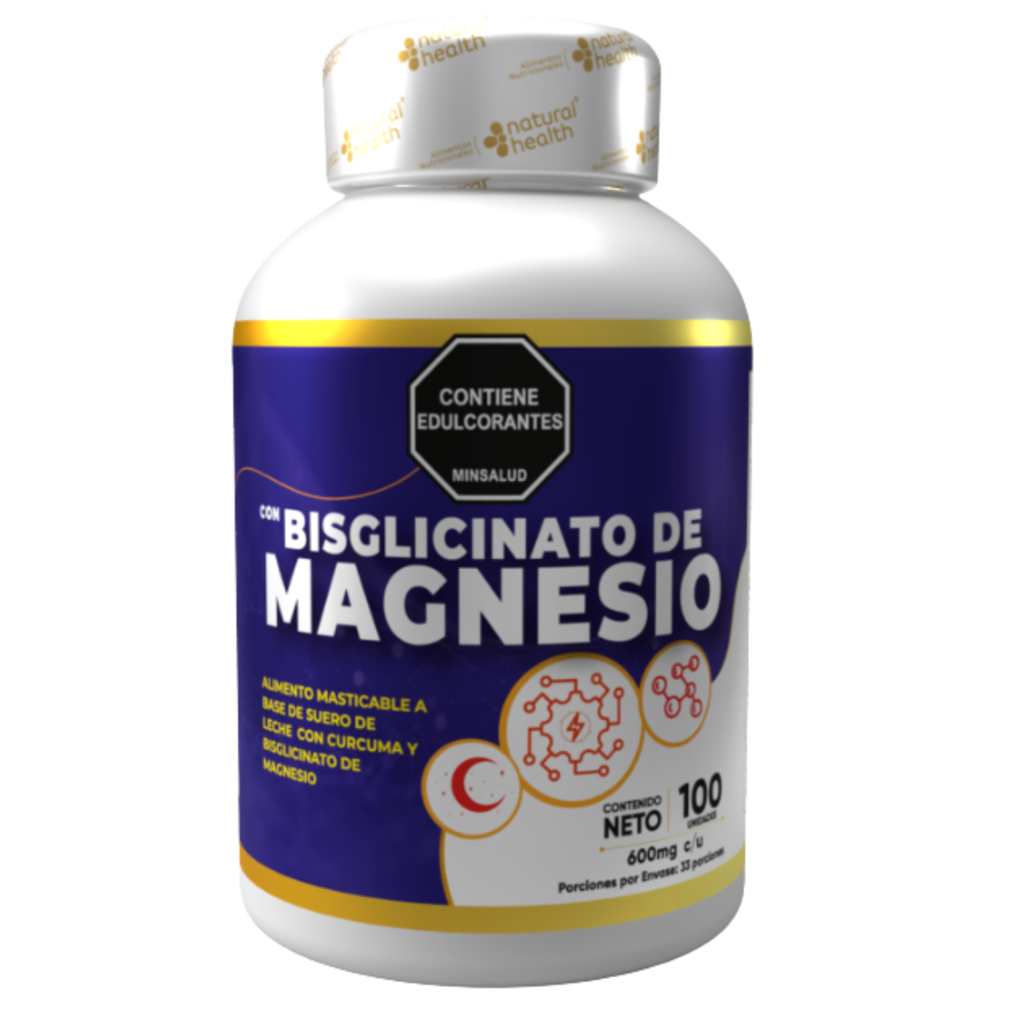 Supplement bottle with a purple label on a white background
Bisglicinato de Magnesio (Fórmula Avanzada)