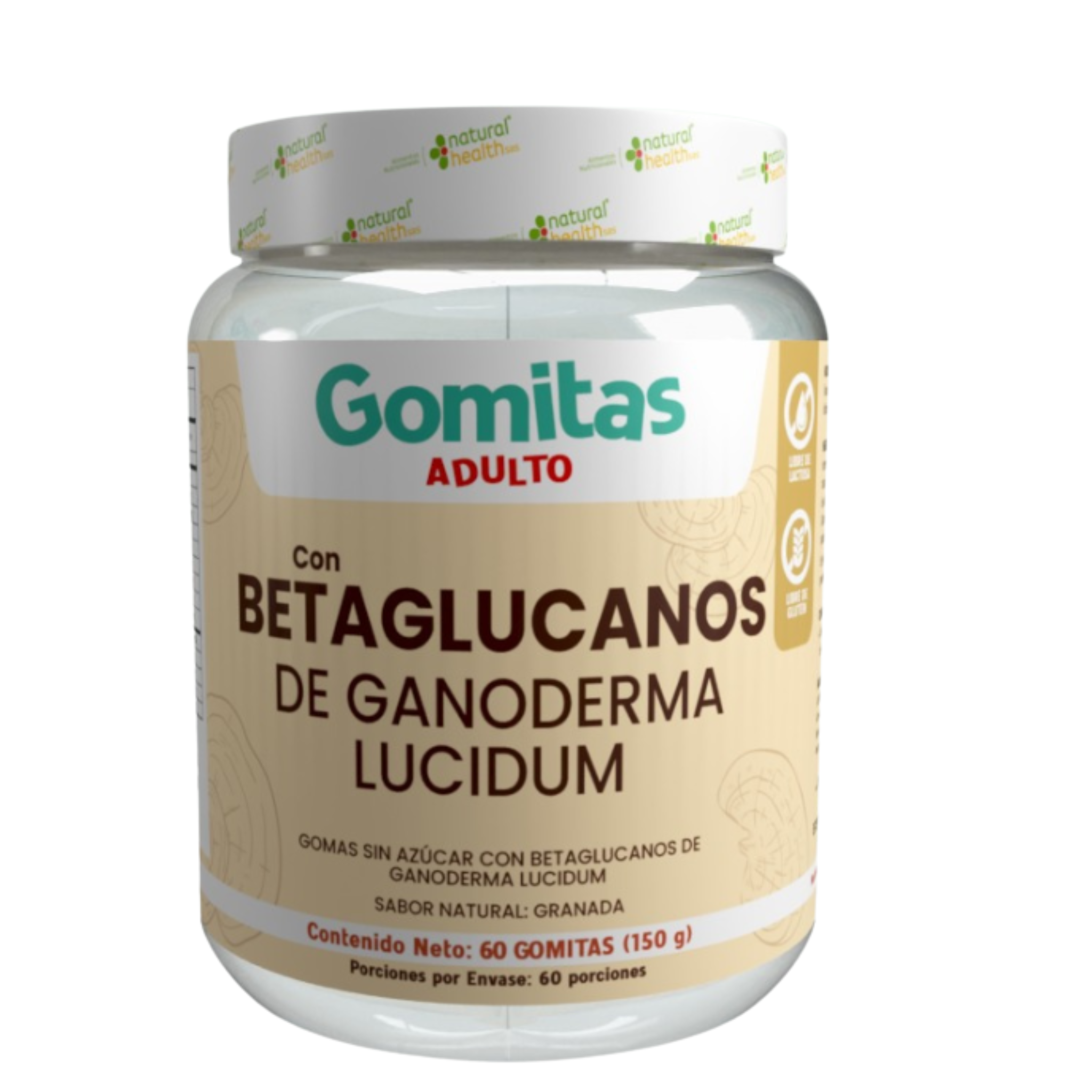 Gomitas Adult supplement container with text on a white background
Gomitas Betaglucanos Ganoderma • Blindaje Inmunológico y Vitalidad (Sin Azúcar)