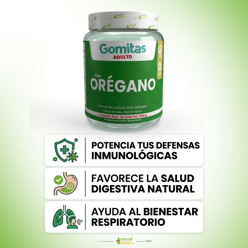 Gomitas supplement container with green label on a light green background
