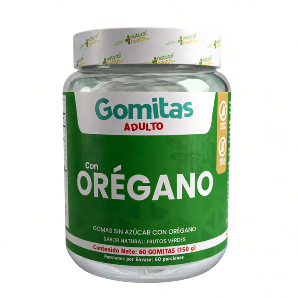 Jar of Gomitas with Oregano flavor on a white background