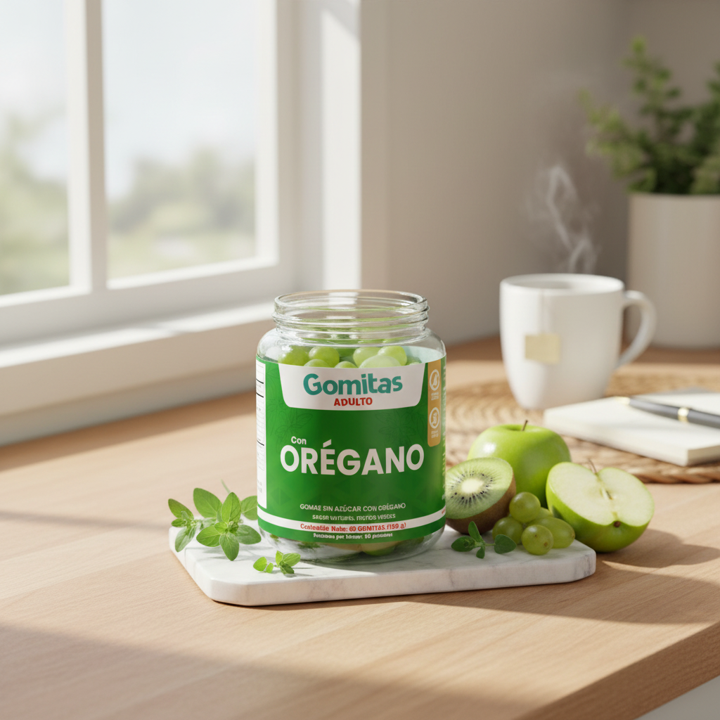 Jar of 'Gomitas' with 'Oregano' on a table with fruits and a cup.