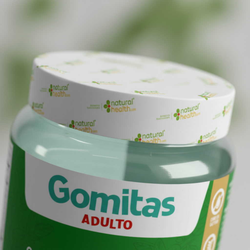 Jar of 'Gomitas Adulto' with 'Natural Health' branding on a blurred natural background