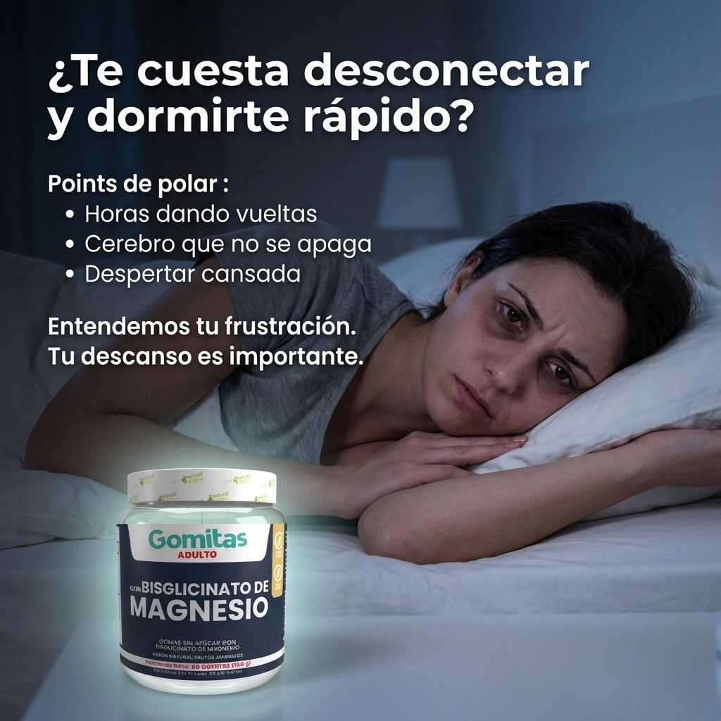 Woman lying in bed with a supplement bottle on a nightstand, surrounded by text in Spanish.