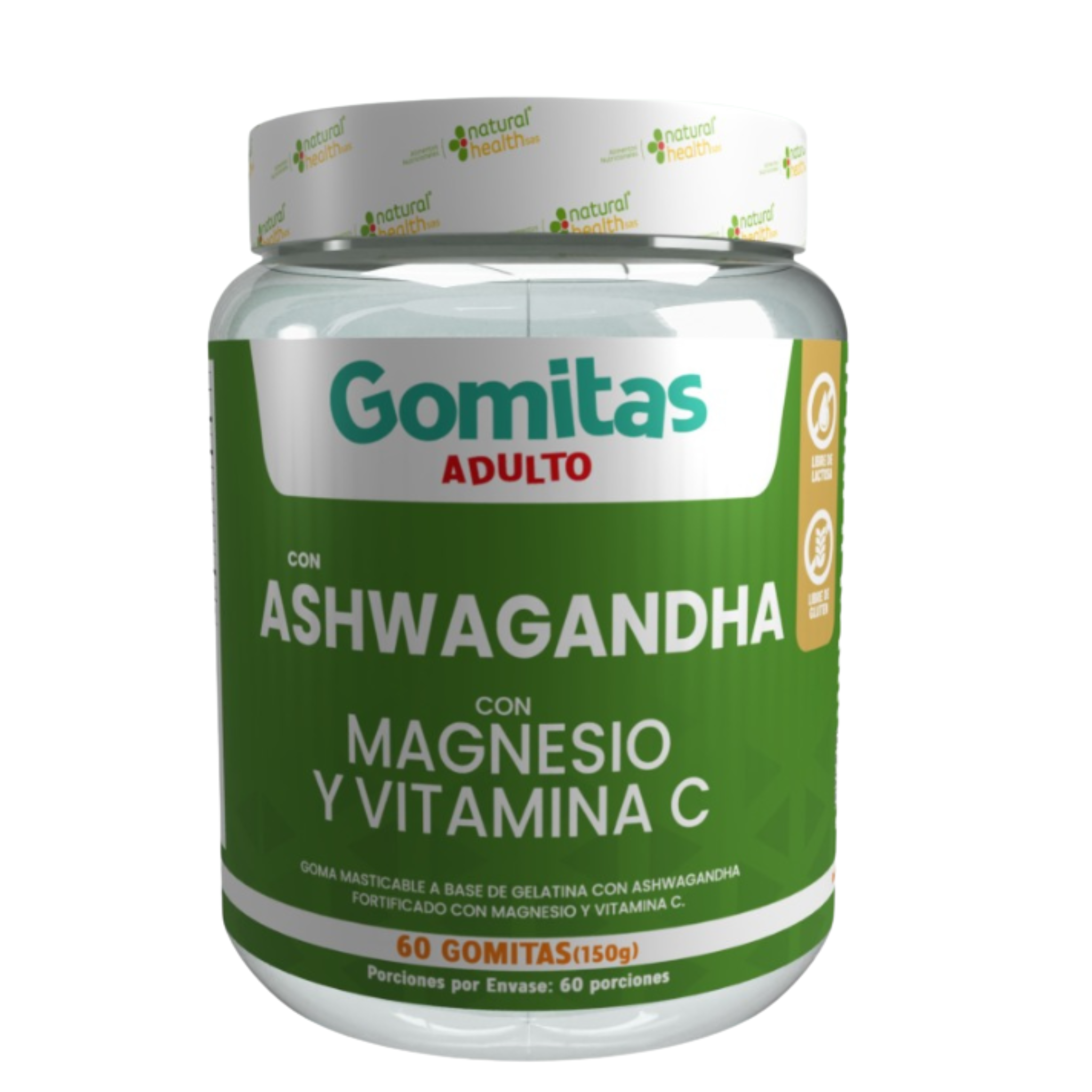 Green supplement container with white lid labeled 'Gomitas' on a white background
Gomitas de Ashwagandha + Magnesio + Vitamina C