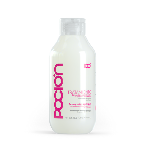 Bottle of Pocion hair treatment on a white background