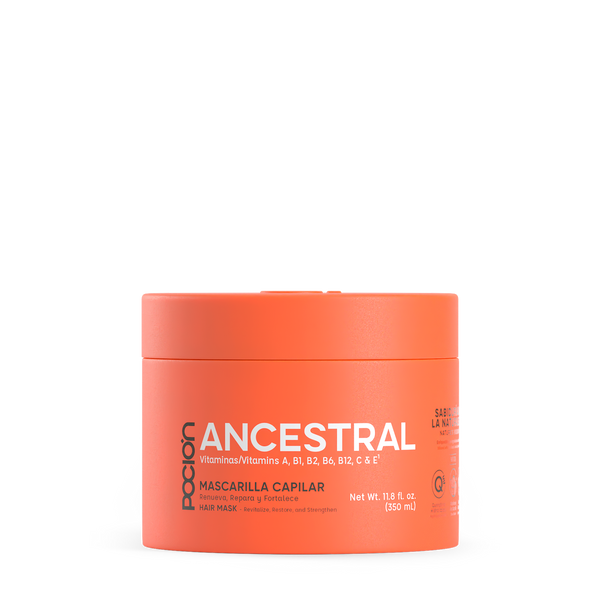 Orange jar of 'Ancestral' hair mask on a white background