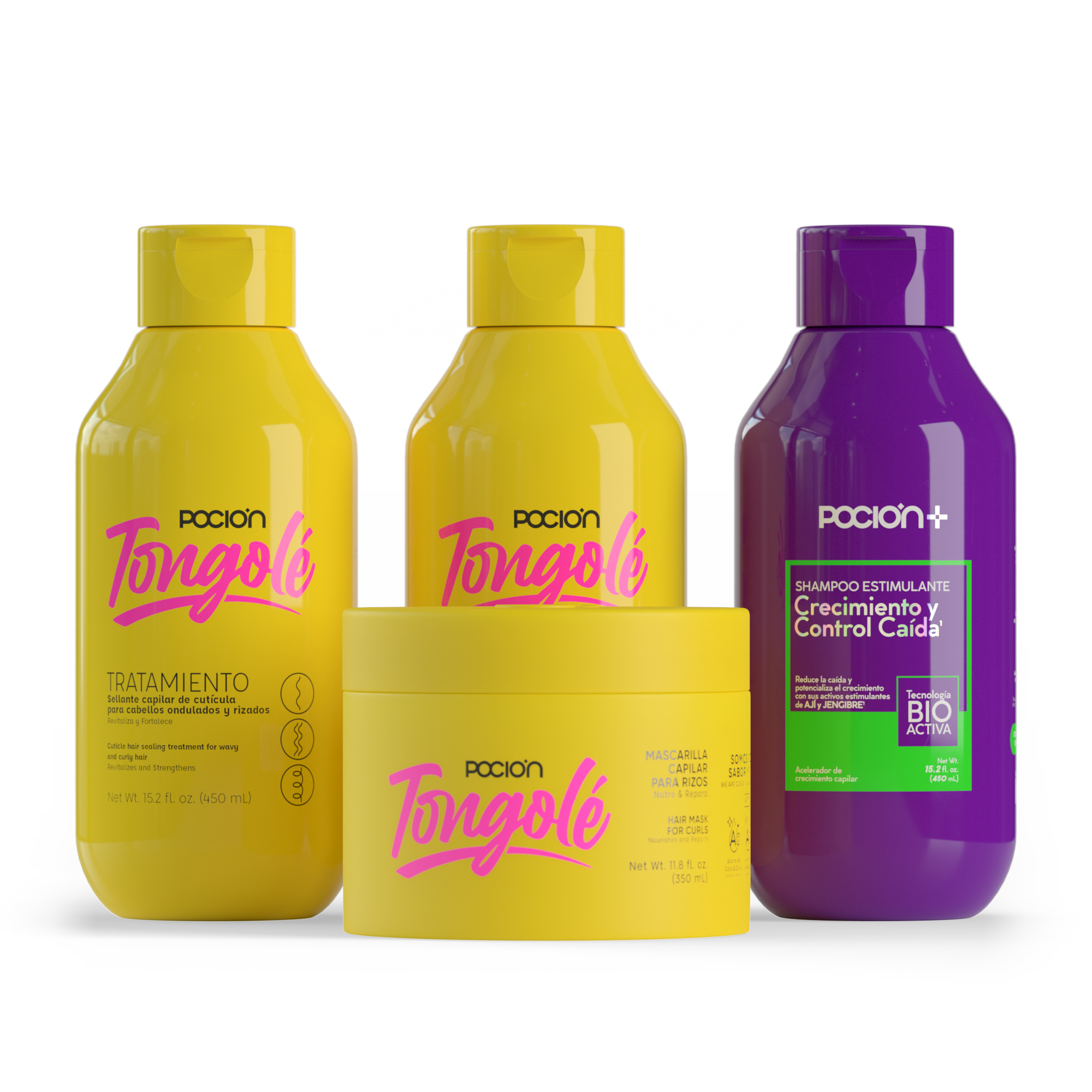 Set of hair care products with yellow and purple bottles on a white background