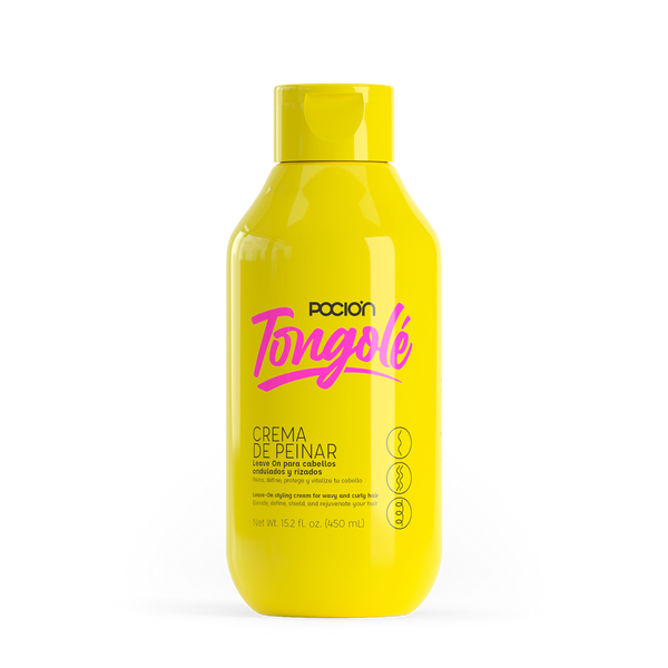 Yellow bottle of Pocion Tongole hair product on a white background