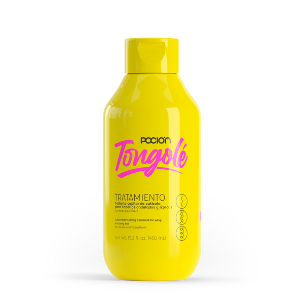 Yellow bottle of Pocion Tongoe hair treatment on a white background