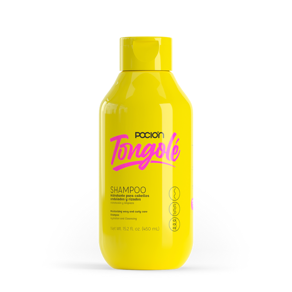 Yellow shampoo bottle with pink text on a white background