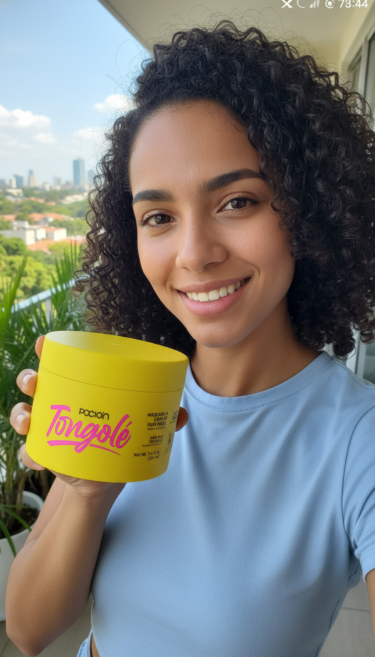 Woman holding a yellow container with 'Tangole' branding outdoors.