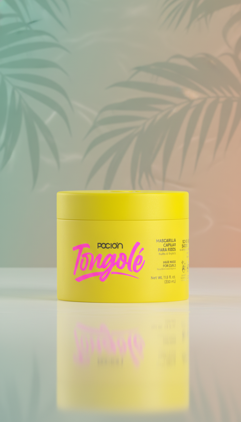 Yellow container with pink text on a reflective surface and leafy background