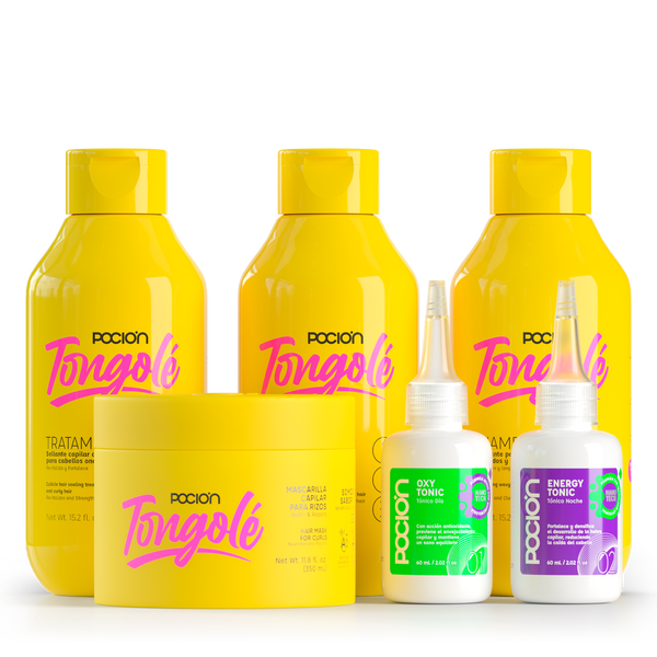 Collection of yellow and white bottles with 'Pcion Tongole' branding on a white background