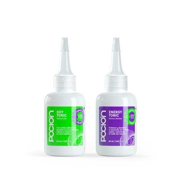Two bottles of Pocion Oxy Tonic and Energy Tonic on a white background