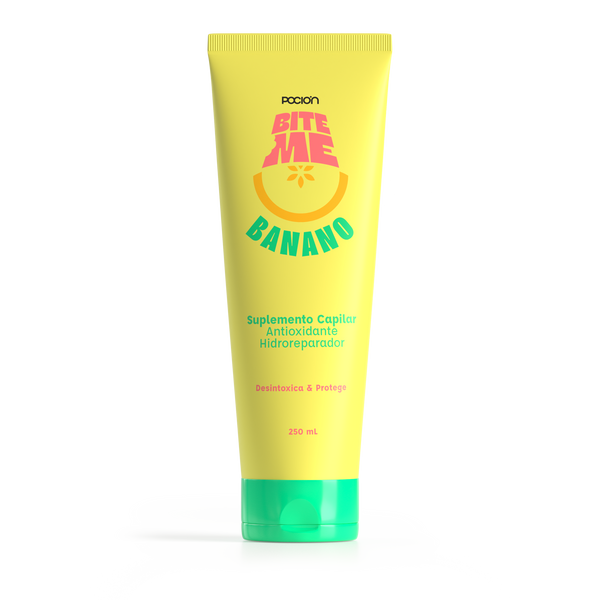 Yellow tube of 'Bite Me Banana' hair supplement on a white background