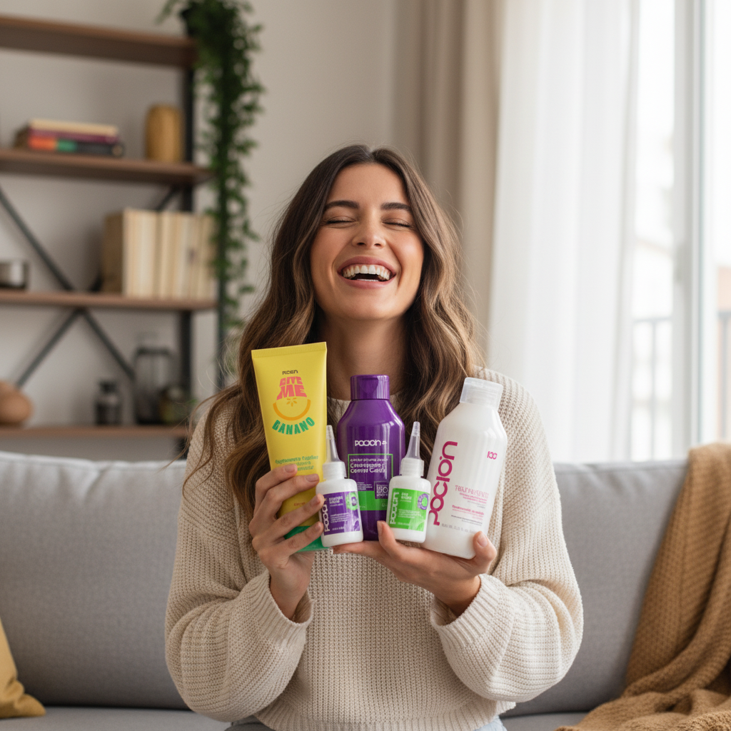 Woman holding various hair care products in a living room setting