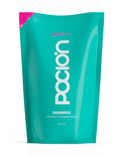 Teal shampoo package with 'Pocion' branding on a white background