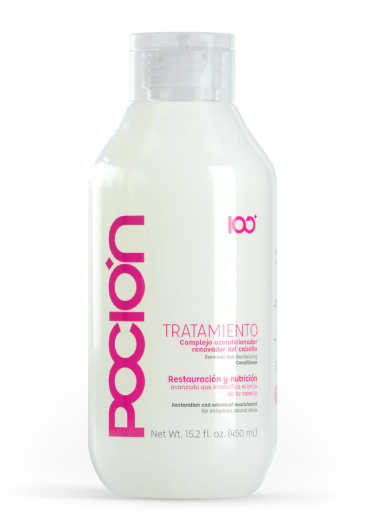 Bottle of Pocion hair treatment on a white background