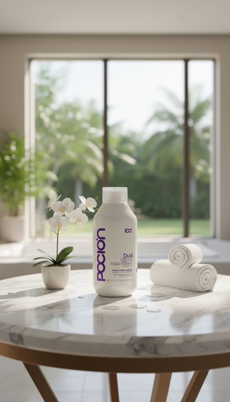 Pocion bottle on a marble table with a blurred outdoor background