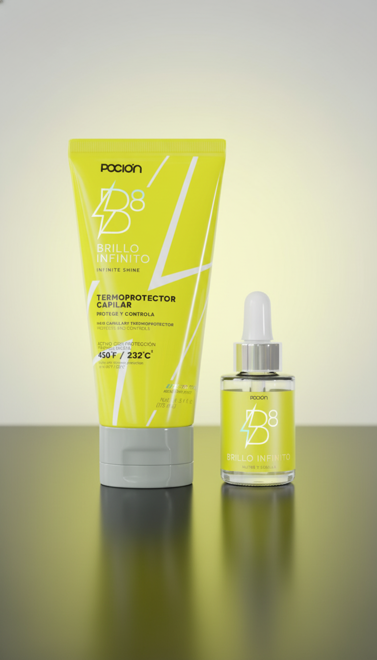Two bottles of Pocion hair care products on a reflective surface with a gradient background