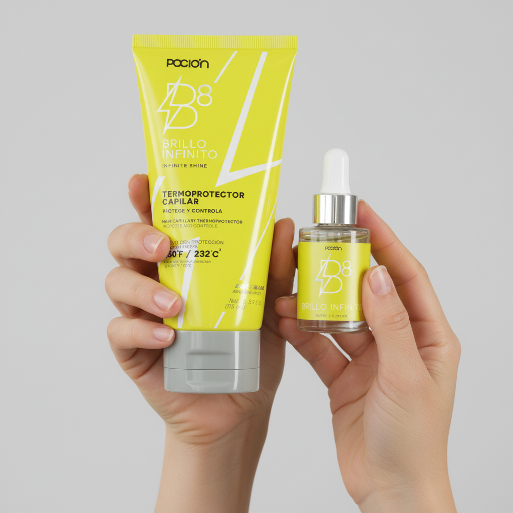 Two yellow hair care products held by a person against a gray background