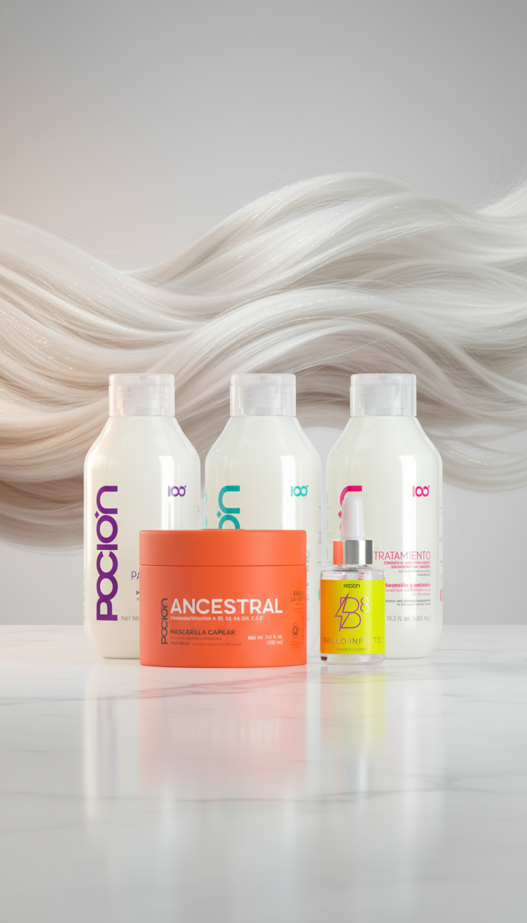 Set of hair care products with a wavy hair background