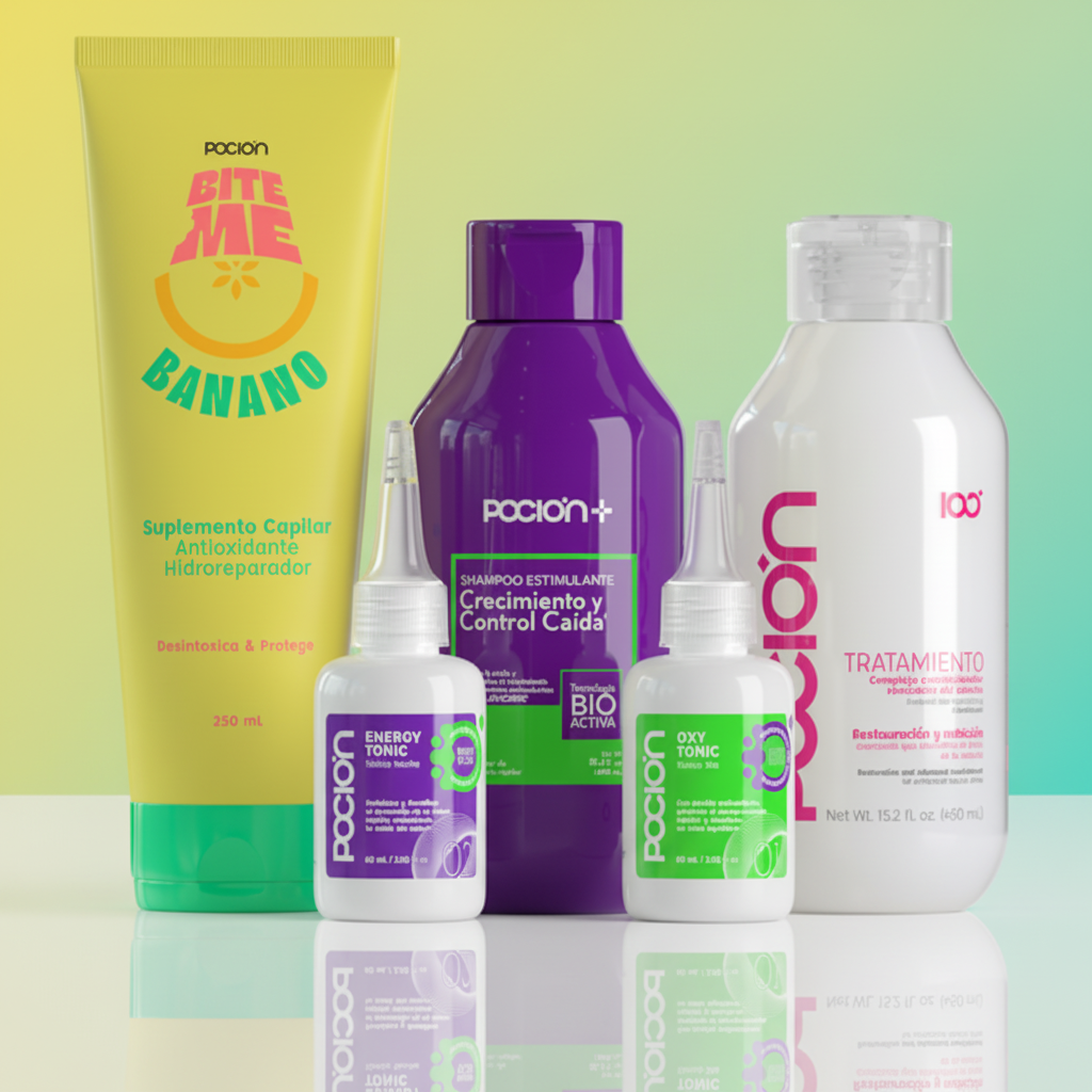 Collection of Pacion hair care products on a gradient background