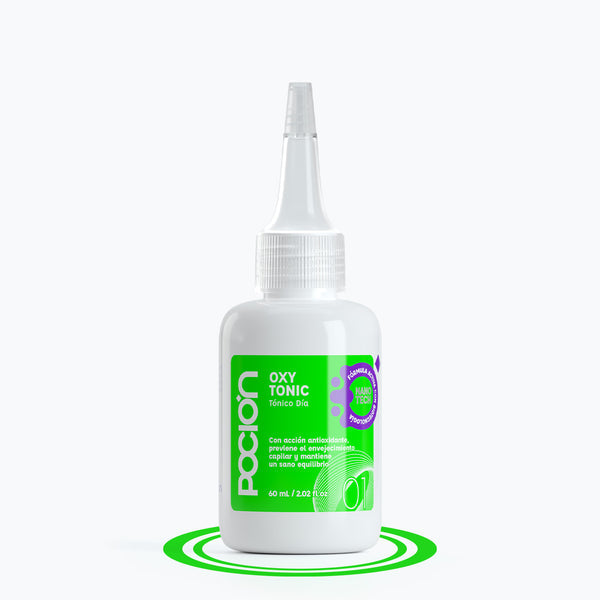 Bottle of Pocion Oxy Tonic on a white background
