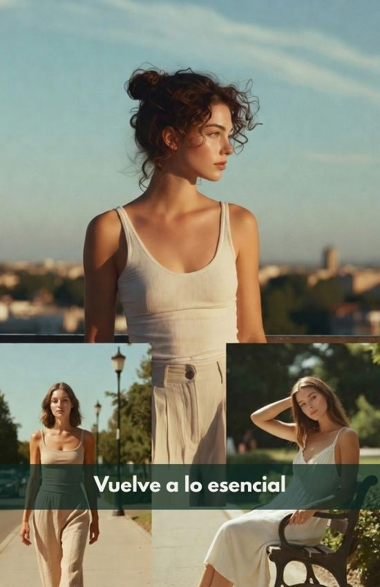 Woman in a light dress standing outdoors with text 'Vuelve a lo esencial' at the bottom.