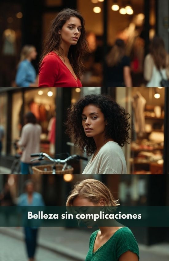 Three women in different colored tops standing in a busy street setting with 'Belleza sin complicaciones' text.