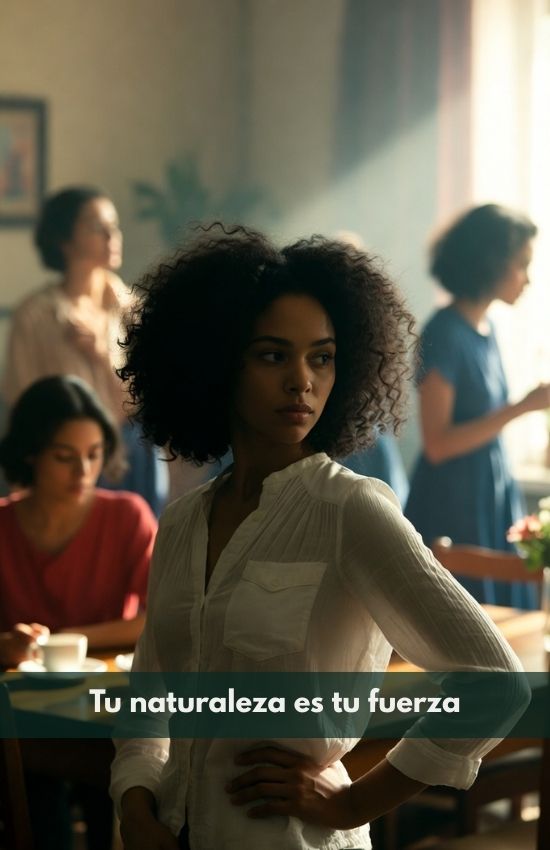 Woman in a white shirt standing in a room with other people, with text 'Tu naturaleza es tu fuerza' on the screen.