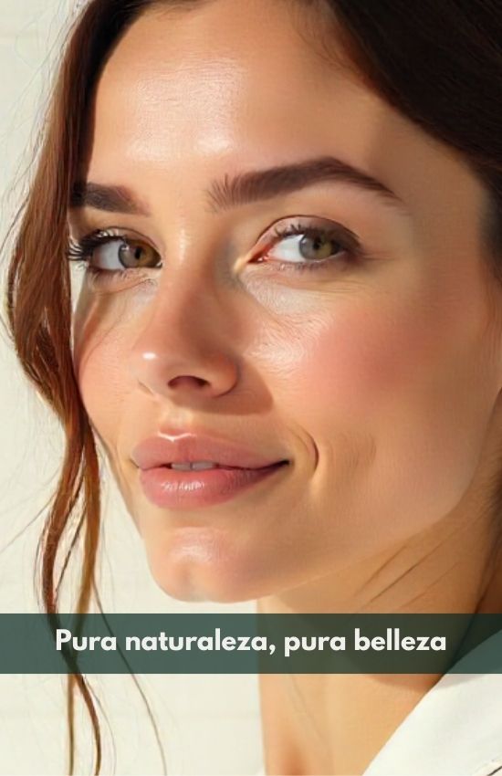 Close-up of a woman's face with a neutral background and text 'Pura naturaleza, pura belleza'.