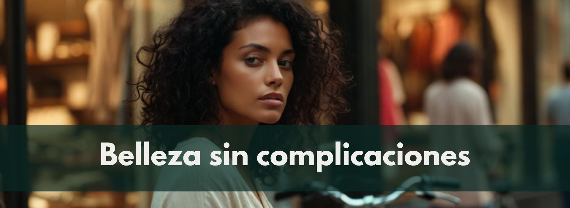 Woman with curly hair in a blurred indoor setting with text 'Belleza sin complicaciones'.