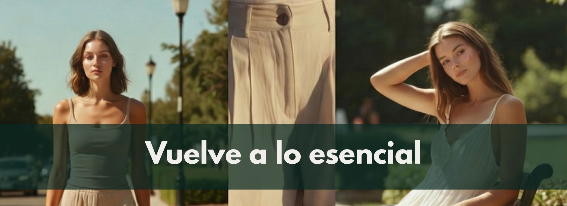 Woman in a green dress sitting outdoors with text 'Vuelve a lo esencial' overlayed.