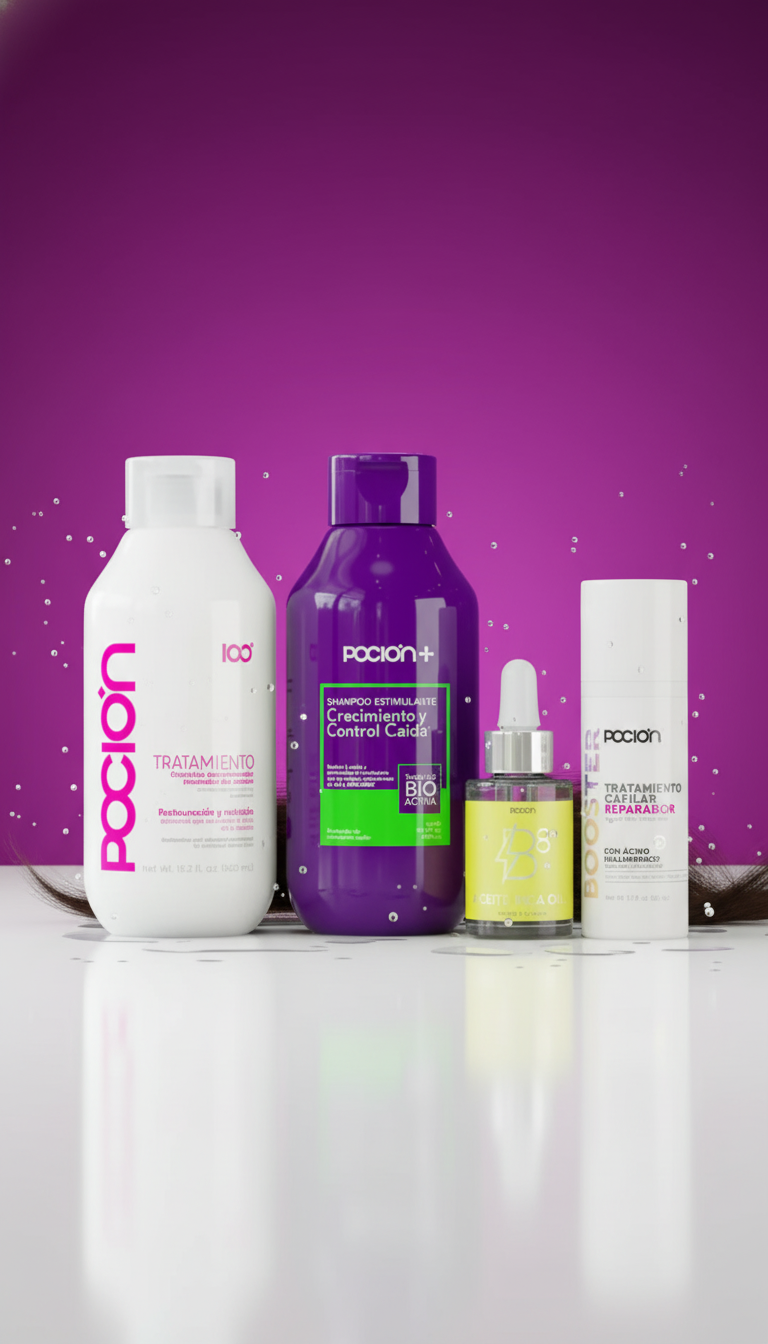 Set of Pochoir hair care products on a reflective surface with a purple gradient background