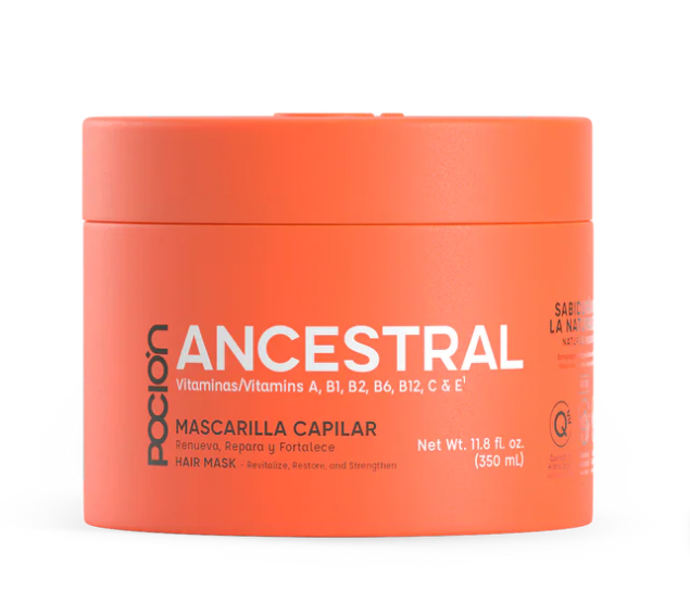 Orange jar of Ancestral hair mask on a white background