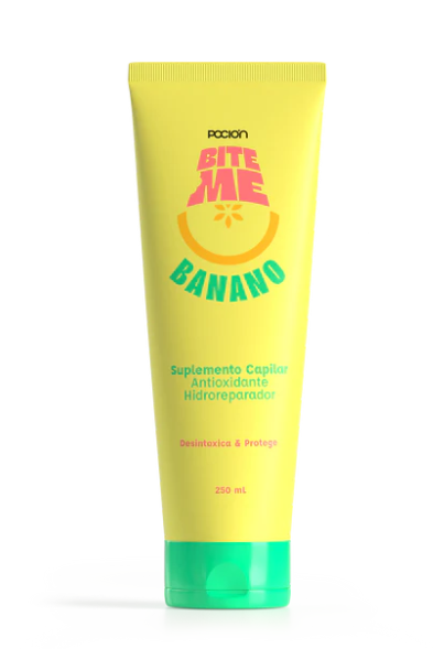 Yellow tube of 'Gite Me Banano' hair supplement on a white background