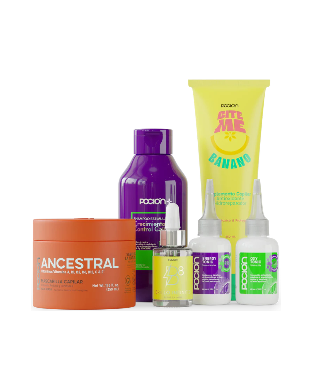 Collection of hair care products from the brand 'Ancestral' on a white background