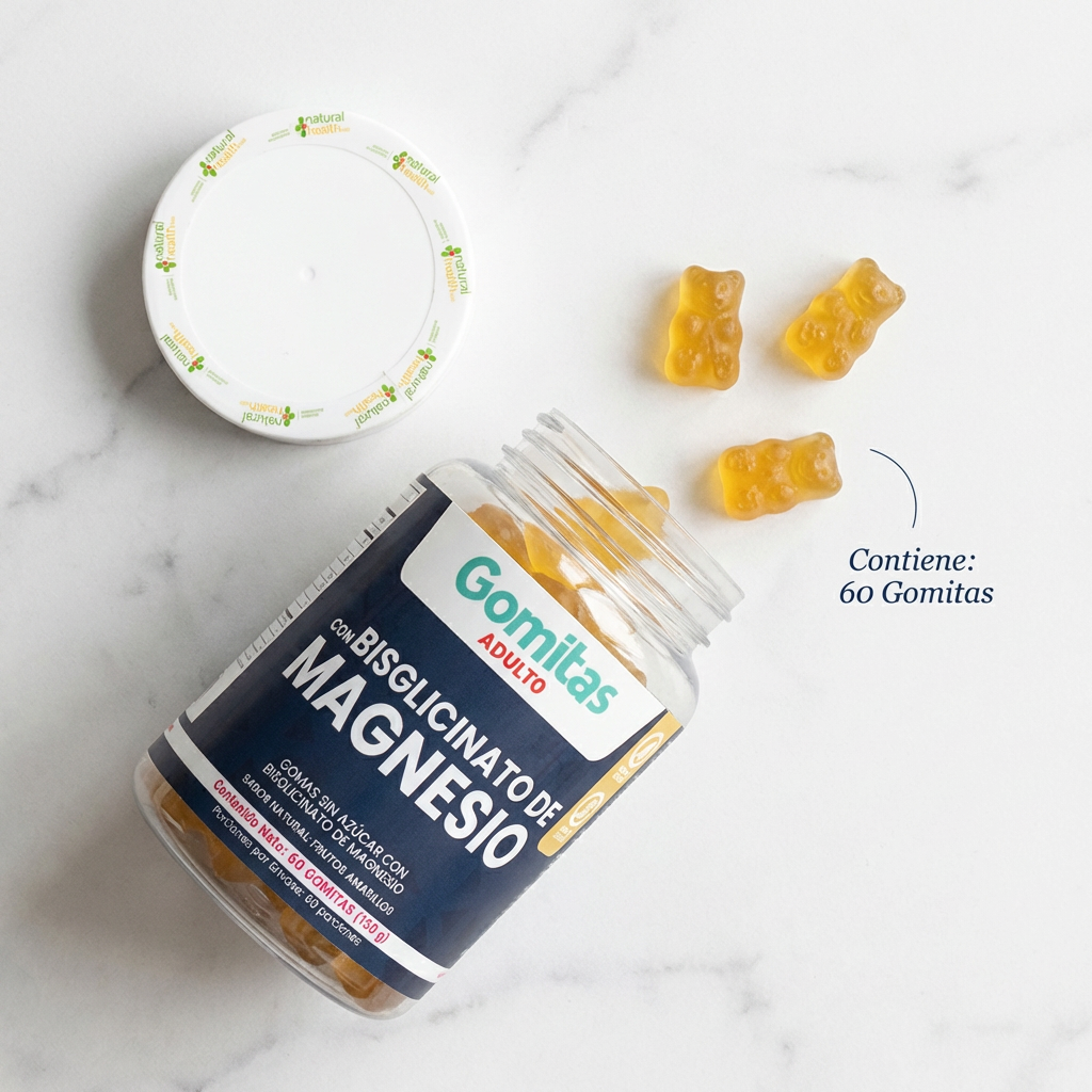 Jar of magnesium gummy bears with packaging on a marble surface