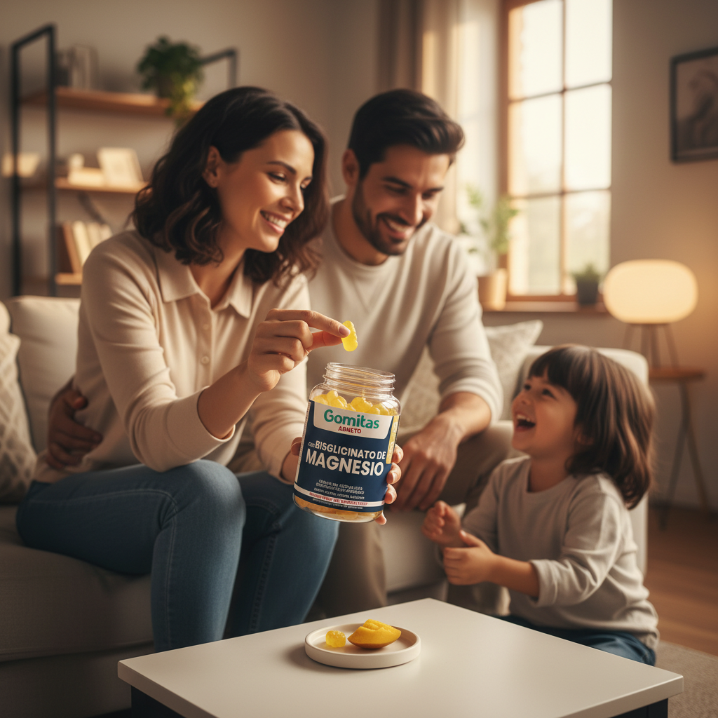 Family in a living room with a jar of Goritas Magnesium supplement