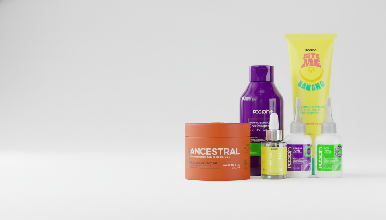 Collection of hair care products including a jar, bottles, and a tube on a white background